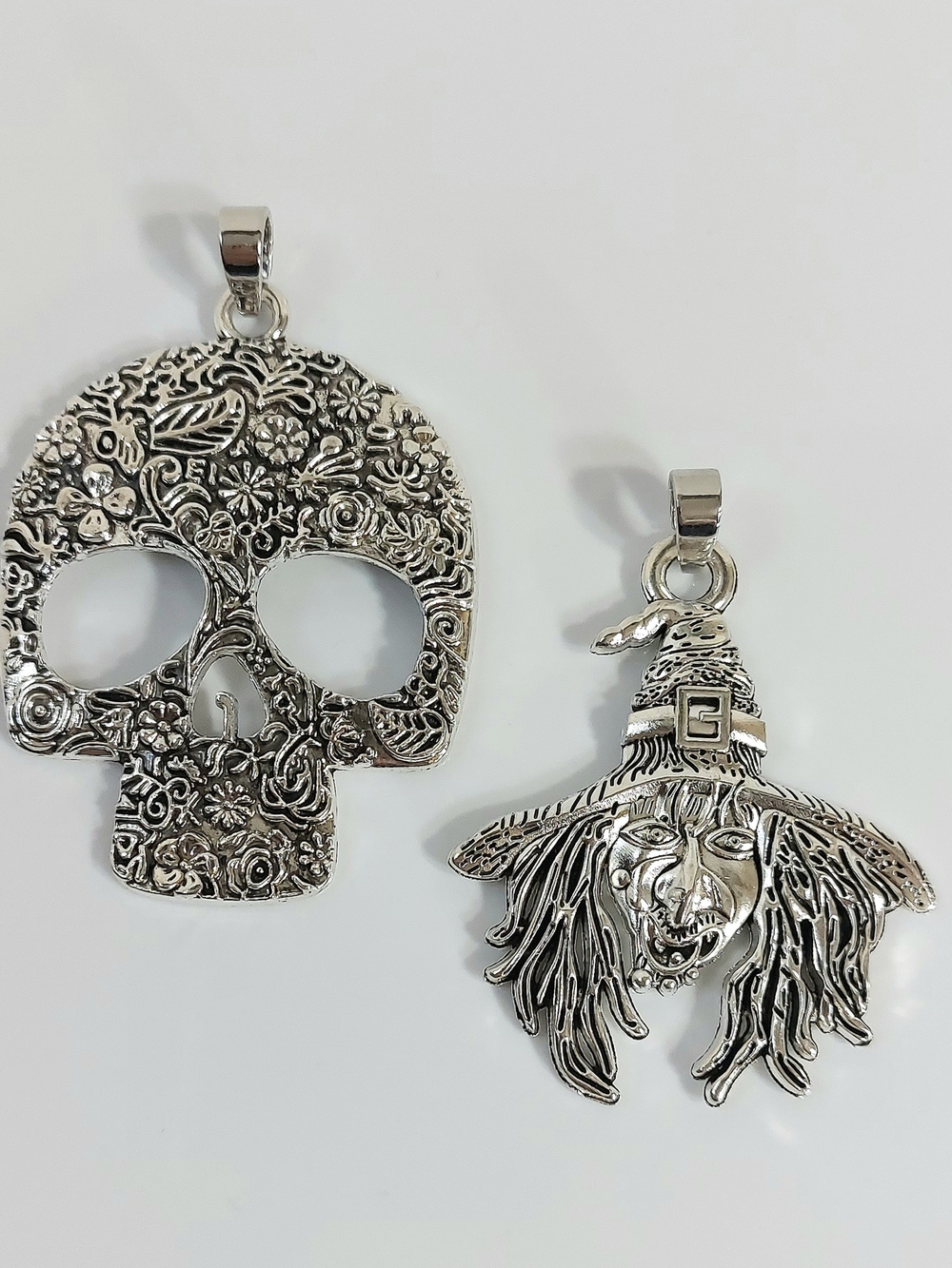 Silver Floral Skull and Witch Pendant Set - Women Jewelry